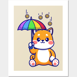 Cute Shiba Inu Dog With Umbrella In Gold Coin Rain Cartoon Posters and Art